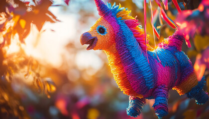 Brightly colored pi?+/-ata hanging against a festive backdrop.