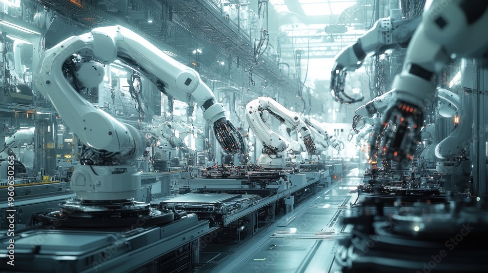 Poster Automated Assembly Line in Futuristic Factory