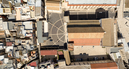 Zenithal aerial view of Pontifical Basilica of Saint Nicholas in the old town of Bari, Puglia, Italy. It's a Catholic Church in the historic center of the city built in the Apulian Romanesque style.