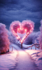 generated illustration of  beautiful snowy heart shape in winter park with path
