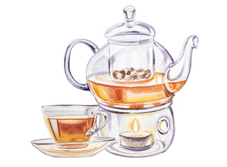 Transparent glass teapot  with tea design. Watercolor kettle illustration. Retro kitchenware clipart.