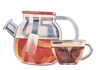Transparent glass teapot  with tea design. Watercolor kettle illustration. Retro kitchenware clipart.