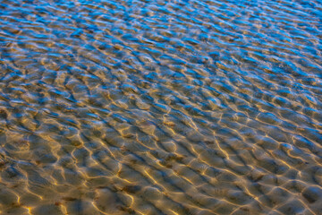 Close up of shallow, clear water with sunlight reflecting on the ripples, creating a golden and blue pattern. The gentle waves produce a calming effect.