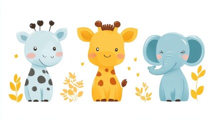 Obraz premium Cute animal clipart including a giraffe, zebra, and elephant on a white background