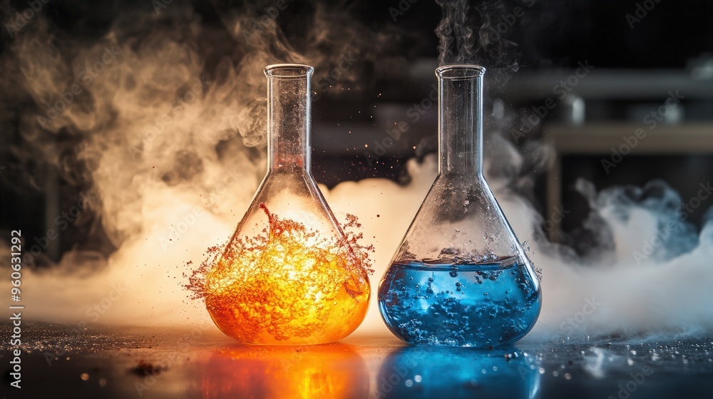 Poster two flasks are filled with vibrant colored liquids, creating dramatic reactions with splashes and st