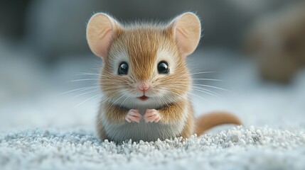 Cute baby mouse with a fluffy tail and happy demeanor on a white background