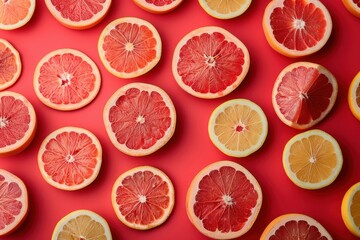 Several grapefruit slices on a red background seen from above