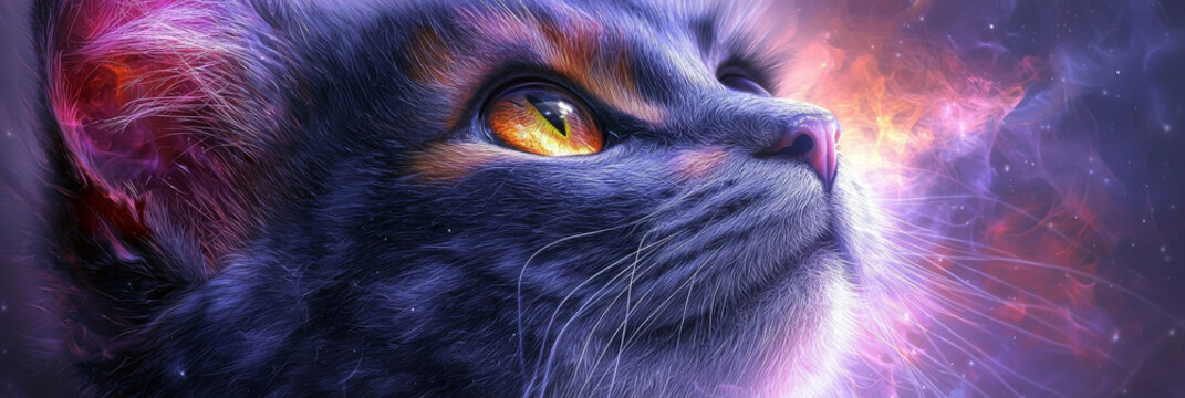 A close-up of a cat's face with vibrant, cosmic background. The cat's piercing golden eyes shine brightly, captivating the viewer.
