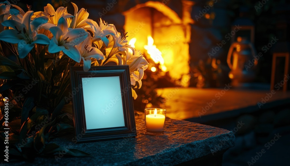 Poster a blank picture frame and candle on a stone table with a fireplace in the background