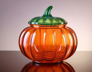 A vibrant orange, pumpkin-shaped glass sugar bowl with a green stem lid sits on a white background, adding a playful touch to a modern apartment setting.