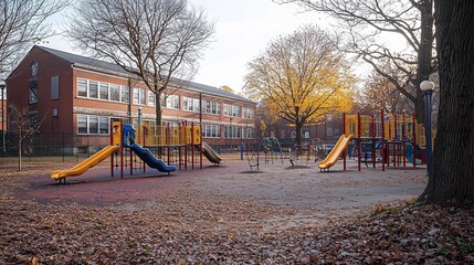 Middle school playground next to a traditional public school building exterior, an educational facility in an urban environment