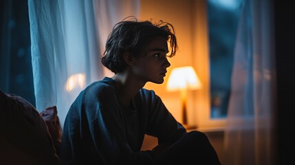 Teenager in a dimly lit room, reflecting on mental health issues, somber mood