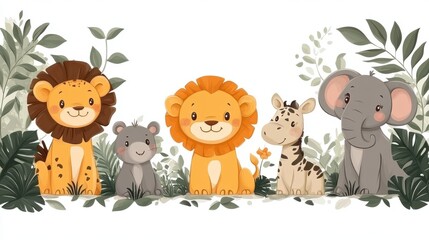 Obraz premium Cute safari animals in a border design on white background