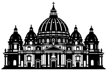 St. Peter's Basilica in Rome, Italy. Vatican City. Basilica Papale di San Pietro in Vaticano. Hand drawn linear doodle rough sketch. Black and white silhouette