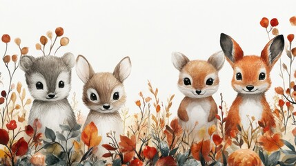 Obraz premium Cute woodland animals on a birthday invitation with white background