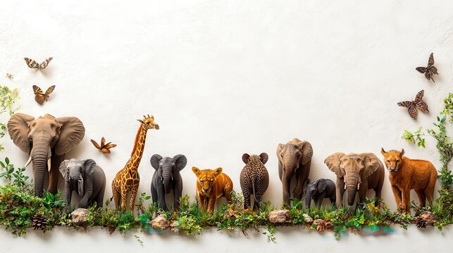 Fototapeta Decorative border with safari animals on white background