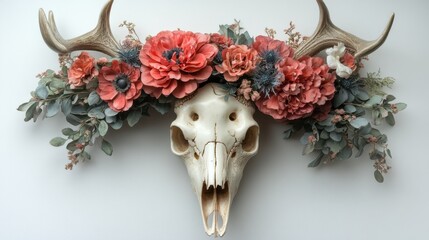 Deer skull with floral arrangement on white background