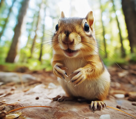 Close up of smiling squirrel or chipmunk on park ground with trees in background