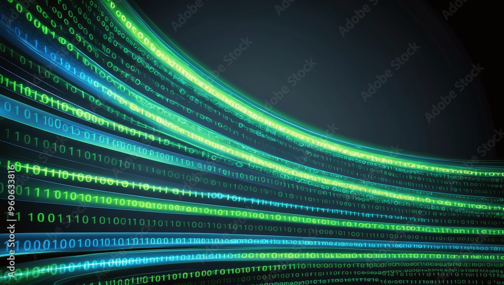 Poster binary code streams: green and blue data flow across a dark, futuristic digital landscape