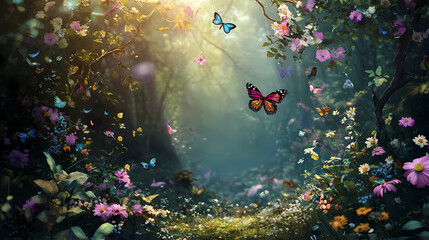 Fototapeta premium Beautiful fantasy enchanted forest with butterflies, flowers and copy space. fairy tale outdoor background. ai generative image. Enchanted Forest. Illustration