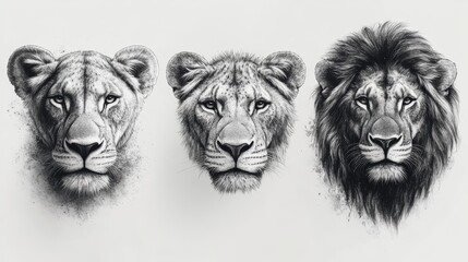 Detailed safari animal faces on white background