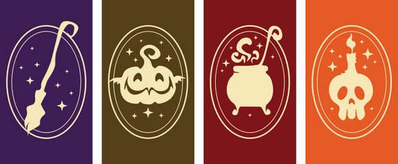 Happy Halloween set, phone wallpaper. Halloween concept. Vector illustration. Trendy background. Pumpkin, Witch attributes.