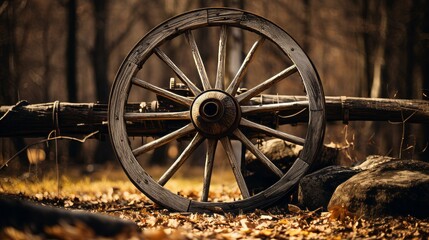 An old wooden wagon wheel leaning up in outdoor area. Neural network ai generated art