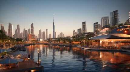 Fototapeta premium Romantic cityscapes at dusk blurred lights and neon signs illuminate urban evenings