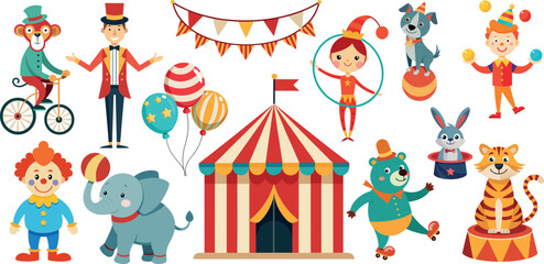 Circus animals and objects flat vector set