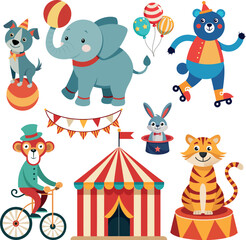 Funny circus animals vector set