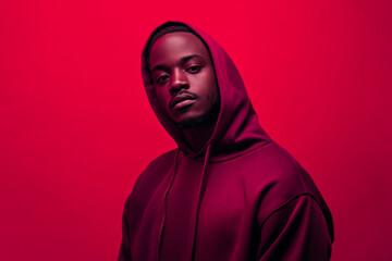 Trendsetting Mens Burgundy Hoodie with Solid Neon Pink High Energy Fashion Lifestyle Portrait Background