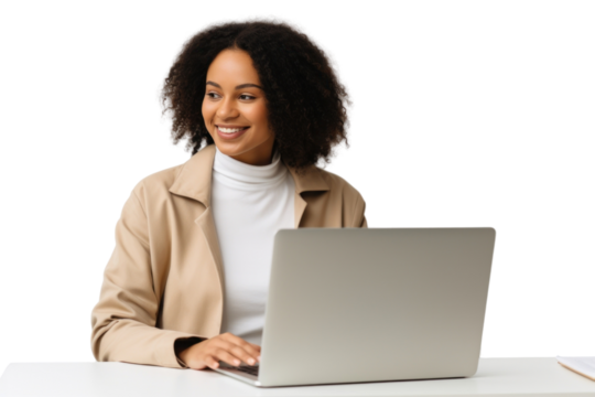 PNG  Smiling woman using laptop