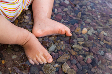 Close-Up of Baby Feet in Clear Water on Rocky Shore in Waterton, Alberta, Canada