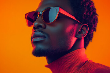 Chic Mens Burgundy Eyewear with Solid Neon Orange Trendsetting Fashion Lifestyle Portrait Background
