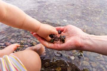 Tender Moment of Child and Adult Exploring Pebbles by the Water in Waterton, Alberta, Canada