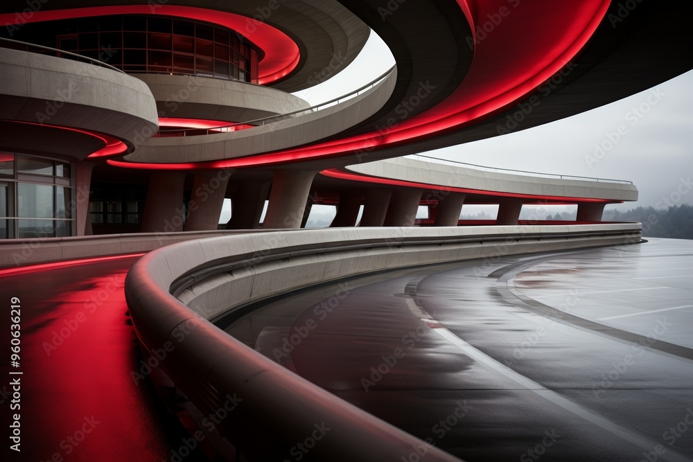 Poster red lines accentuate architectural features of structures, enhancing contrast with surroundings