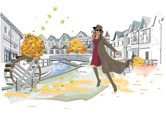 Series of colorful retro street views with fashion people in the old city. Hand drawn vector architectural background with historic buildings.