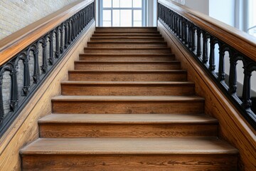Vintage Wooden Staircase with Ornate Railings in Sunlit Interior