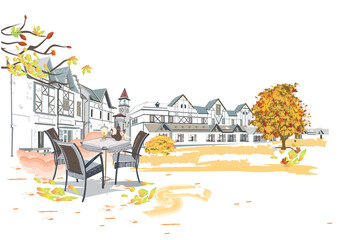 Series of colorful street views in the old city in autumn. Hand drawn vector architectural background with historic buildings.