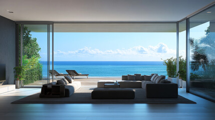 Fototapeta premium A stylish living room with a beautiful view of the ocean.