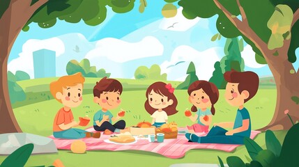 Fototapeta premium happy kids picnic in the park