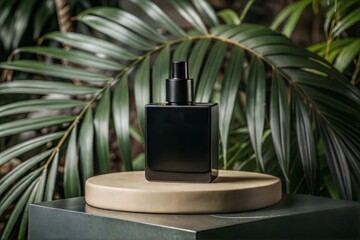 Black perfume bottle on beige table with palm leaf background