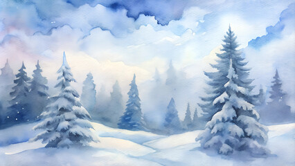 Tranquil snowy pine forest in misty winter wonderland watercolor