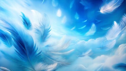 Dreamy blue feather background with light and airy textures, ethereal design