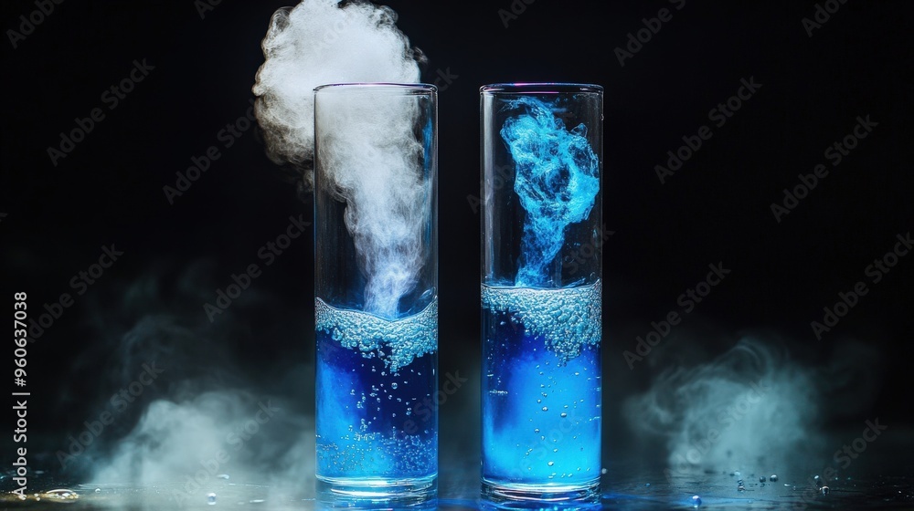 Poster a striking visual of two clear solutions interacting, producing vivid blue hues and swirling mist, c