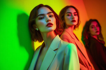 Naklejka premium Trendsetting Womans Light Beige Suit with Solid Neon Green Contemporary Lifestyle Portrait Background