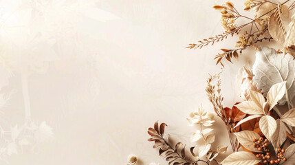 Dried autumn leaves and flowers on beige background