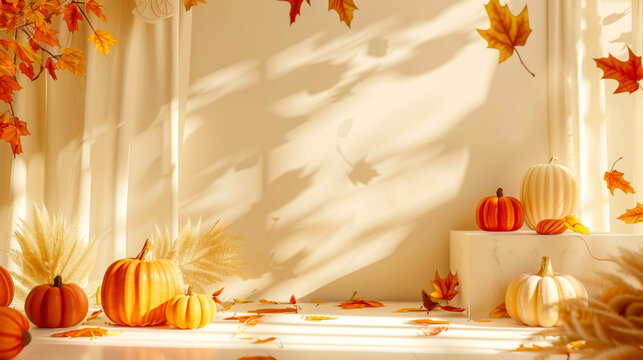 Pumpkins and autumn leaves with shadows on beige background