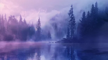 a lake in the middle of misty magical forest