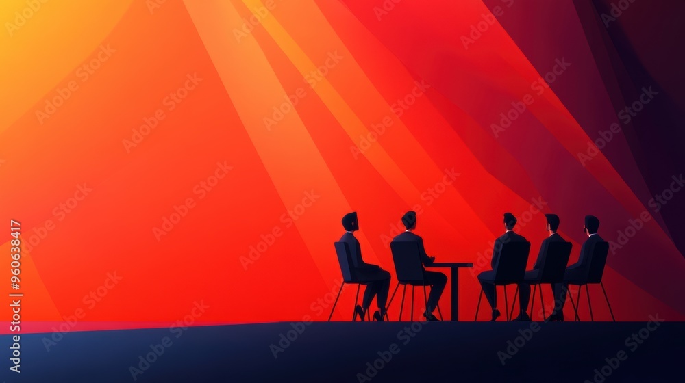 Wall mural A group of people sitting at a table with an orange background, AI